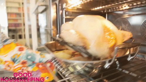 A Turkey Is Being Cooked In An Oven With The Words Good Housekeeping On The Bottom Right GIF