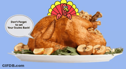 A Turkey Is On A Plate With A Speech Bubble That Says " Don 'T Forget To Set Your Scales Back " GIF