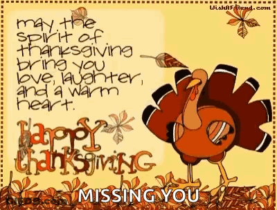 A Turkey Is Standing In A Pile Of Leaves Next To A Happy Thanksgiving Card . GIF
