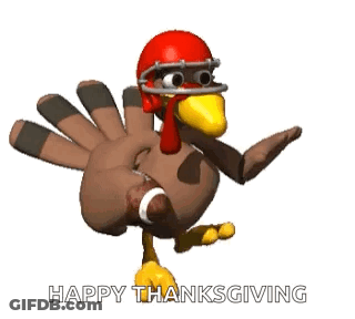 A Turkey Wearing A Football Helmet Is Holding A Football And Says Happy Thanksgiving . GIF