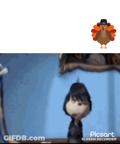 A Turkey Wearing A Pilgrim Hat Is Next To A Picture Of A Boy GIF