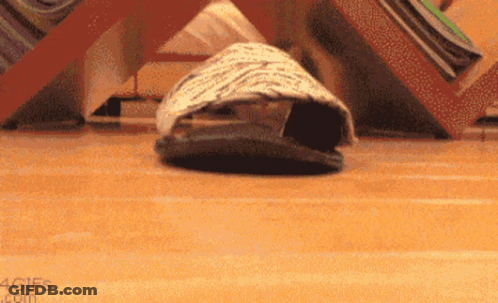 A Turtle Is Crawling On A Wooden Floor In Front Of A Book Shelf GIF
