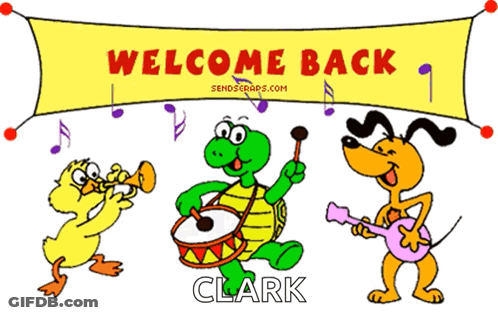A Turtle Playing A Drum And A Dog Playing A Guitar Under A Banner That Says Welcome Back Clark GIF
