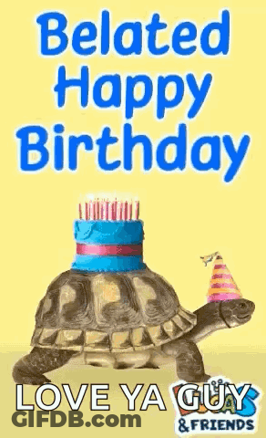 A Turtle Wearing A Party Hat And A Cake With Candles On It . GIF