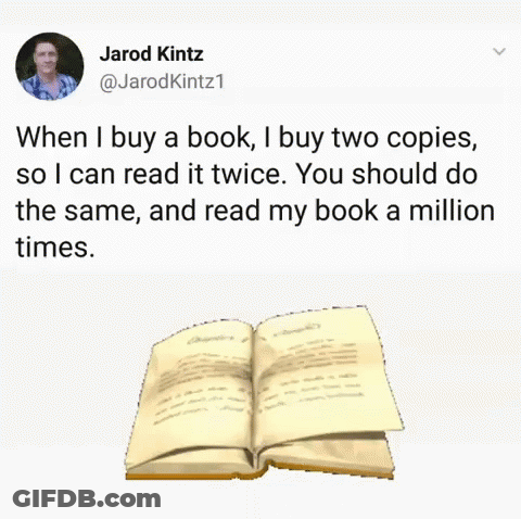 A Tweet By Jarod Kintz Shows An Open Book And A Quote GIF