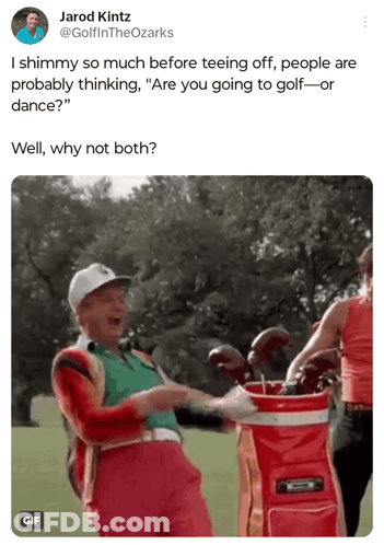 A Tweet From Jarod Kintz Shows A Man Holding A Golf Bag Full Of Clubs GIF