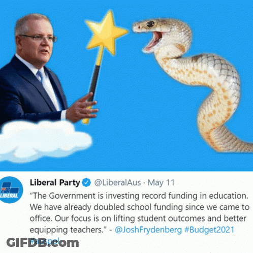 A Tweet From The Liberal Party Shows A Man Holding A Magic Wand And A Snake With Its Mouth Open GIF