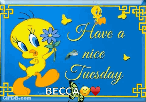 A Tweety Bird Is Holding A Flower And A Hummingbird On A Blue Background . GIF