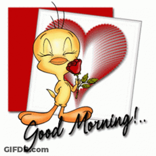 A Tweety Bird Is Holding A Rose In Front Of A Heart And Says Good Morning GIF