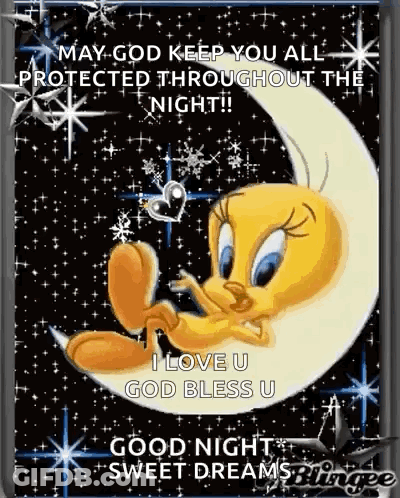 A Tweety Bird Is Sitting On A Crescent Moon With A Heart In Its Mouth . GIF