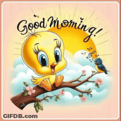A Tweety Bird Is Sitting On A Tree Branch With A Smaller Bird Nearby GIF