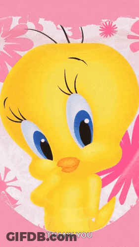 A Tweety Bird On A Pink Background With The Words Thank You Below It GIF