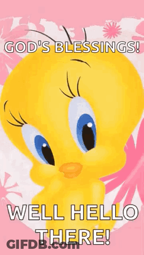 A Tweety Bird Says `` God 'S Blessings ! Well Hello There ! '' On A Pink Background . GIF
