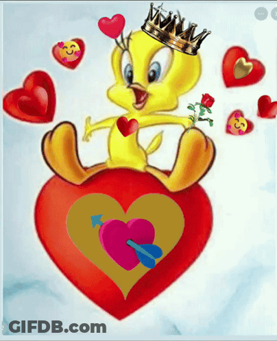 A Tweety Bird Wearing A Crown Sitting On A Heart GIF