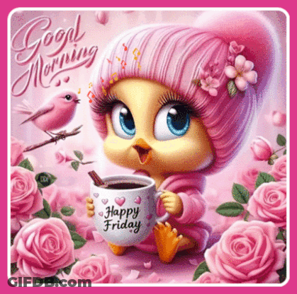 A Tweety Chick Is Holding A Cup Of Coffee With The Words Happy Friday On It GIF