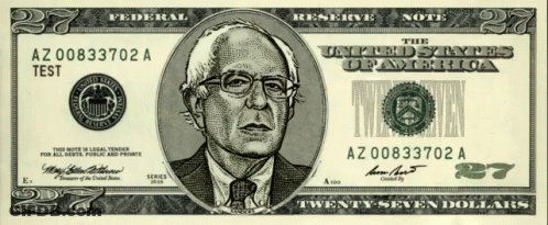 A Twenty Dollar Bill With A Picture Of Bernie Sanders GIF