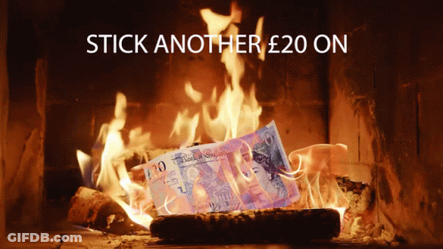 A Twenty Pound Bill Is Burning In A Fireplace GIF