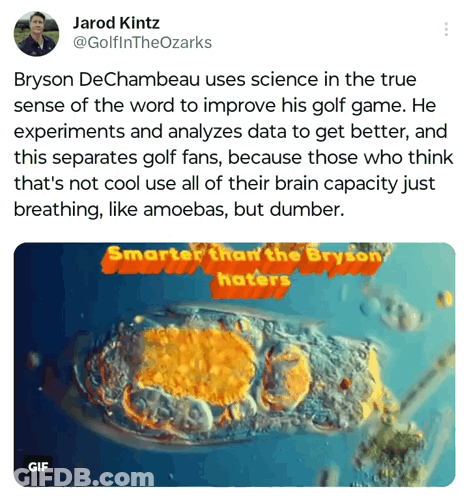 A Twitter Post About Bryson Dechambeau Using Science In The True Sense Of The Word To Improve His Golf Game GIF