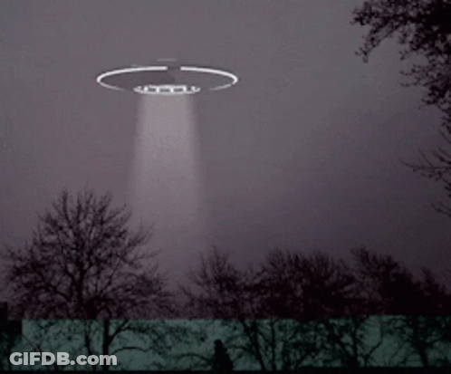 A Ufo Is Flying In The Night Sky Over A Forest GIF