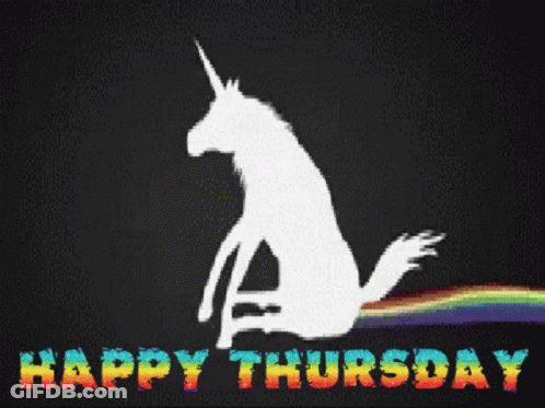 A Unicorn Sitting On A Rainbow With The Words Happy Thursday Below It GIF