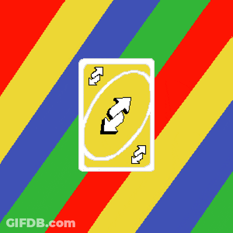 A Uno Card With Two Arrows Pointing In Opposite Directions On A Colorful Background GIF