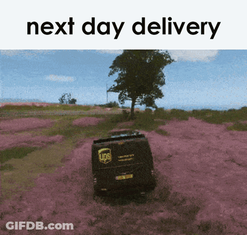 A Ups Truck Is Driving Through A Field Of Purple Flowers GIF