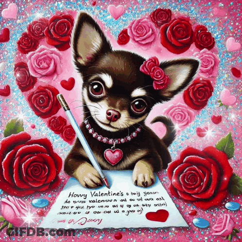 A Valentine 'S Day Card With A Chihuahua Writing A Letter GIF