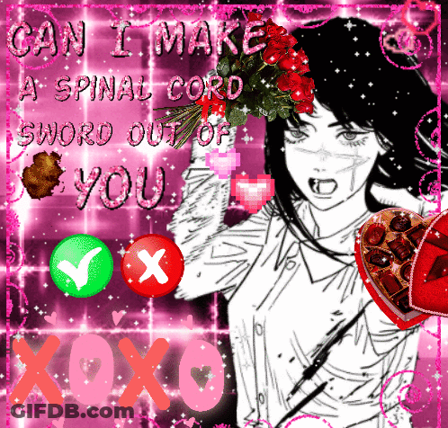 A Valentine 'S Day Card With A Girl Holding A Heart And The Words Can I Make A Spinal Cord GIF