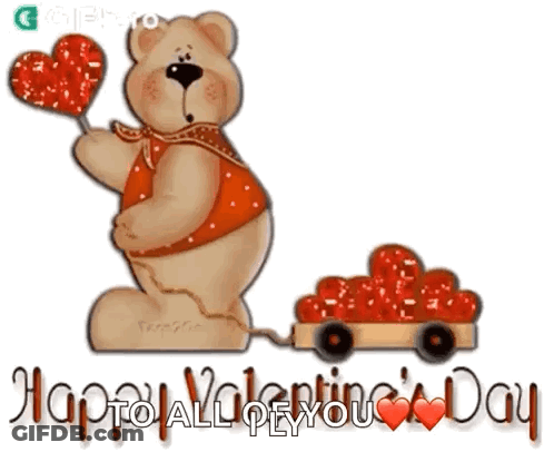 A Valentine 'S Day Card With A Teddy Bear Holding A Heart And A Train Of Hearts GIF