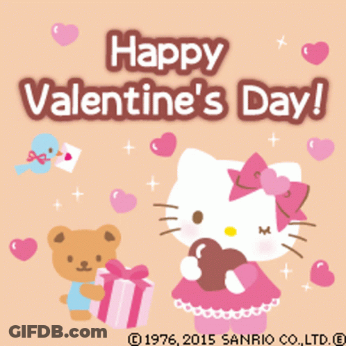 A Valentine 'S Day Card With Hello Kitty Holding A Chocolate Heart GIF
