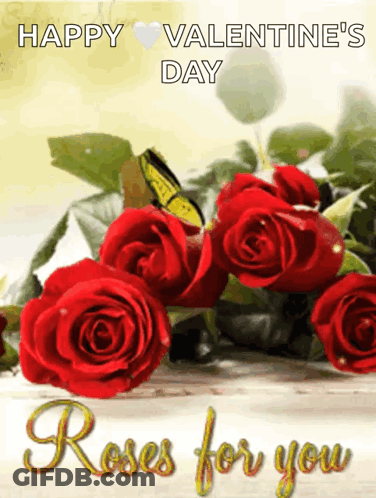 A Valentine 'S Day Card With Red Roses And A Yellow Butterfly GIF