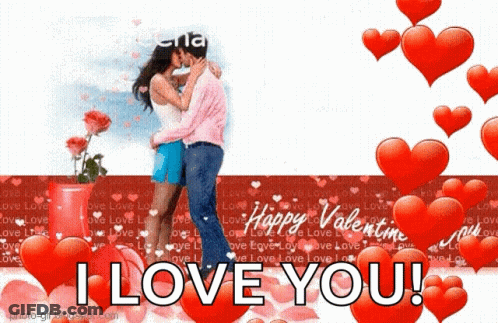 A Valentine 'S Day Greeting Card With A Couple Kissing And The Words I Love You GIF