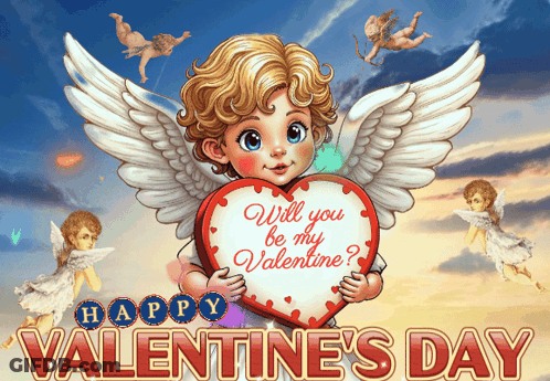 A Valentine 'S Day Greeting Card With A Cupid Holding A Heart That Says Will You Be My Valentine GIF
