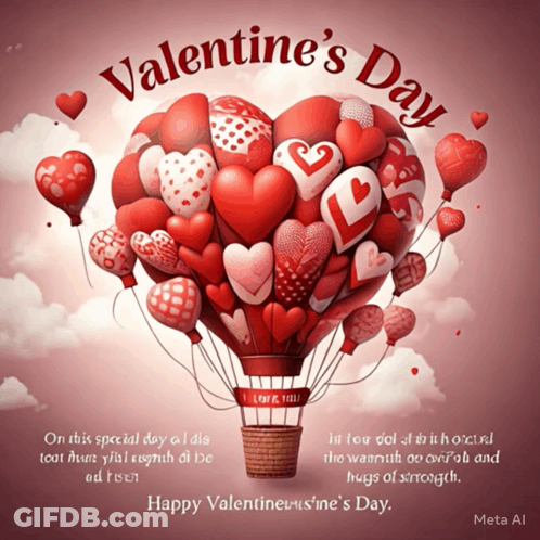 Valentine's Day Card With Hot Air Balloon Hearts GIF