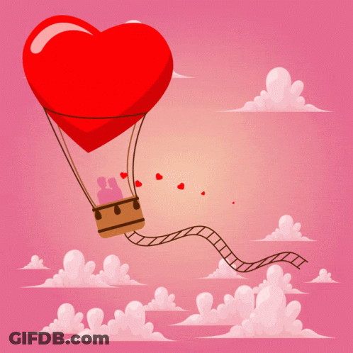 A Valentine 'S Day Greeting Card With A Hot Air Balloon Shaped Like A Heart GIF