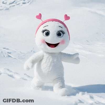 A Valentine 'S Day Greeting Card With A Stuffed Animal Standing In The Snow GIF