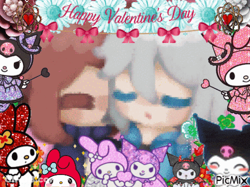 A Valentine 'S Day Greeting Card With Cartoon Characters And Flowers GIF