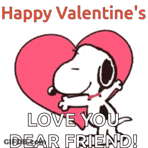 A Valentine 'S Day Greeting Card With Snoopy Hugging A Heart GIF