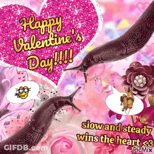 A Valentine 'S Day Greeting Card With Two Slugs And Flowers GIF