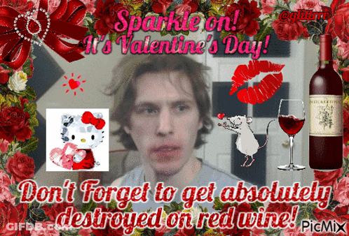 A Valentine 'S Day Greeting With A Hello Kitty And A Bottle Of Red Wine GIF