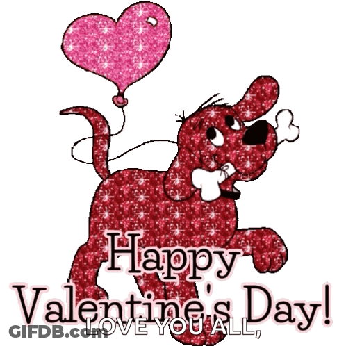 A Valentine 'S Day Greeting With A Red Dog Holding A Pink Heart Shaped Balloon GIF