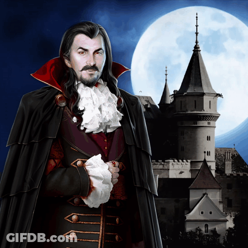 A Vampire Is Standing In Front Of A Castle With A Full Moon In The Background GIF