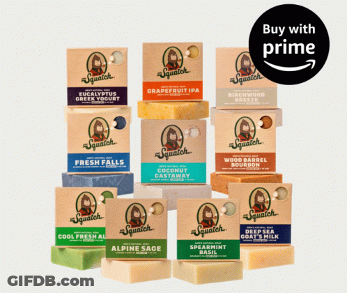 A Variety Of Squatch Soaps Are Stacked Together GIF