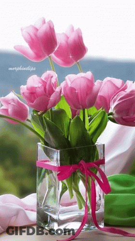 A Vase Filled With Pink Flowers Has A Pink Ribbon GIF