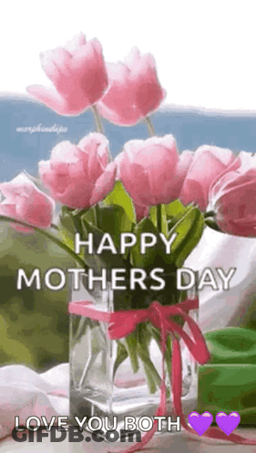 A Vase Filled With Pink Flowers With The Words `` Happy Mother 'S Day Love You Both '' . GIF