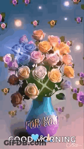 A Vase Filled With Roses And The Words `` Good Morning '' . GIF