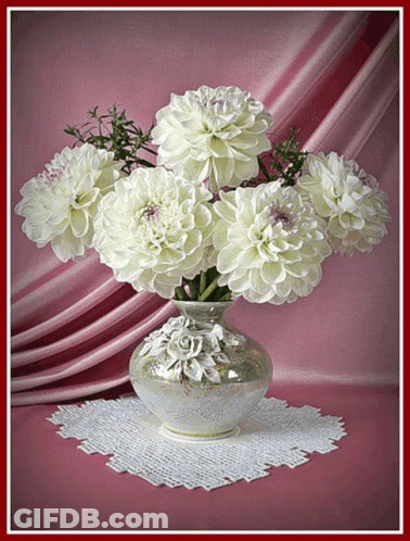 A Vase Filled With White Flowers Is Sitting On A Table GIF