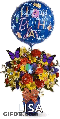 A Vase Of Flowers With A Happy Birthday Balloon And Butterflies . GIF