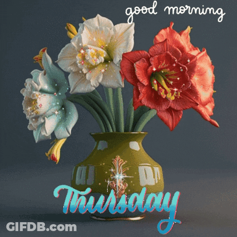 A Vase Of Flowers With The Words Good Morning Thursday GIF