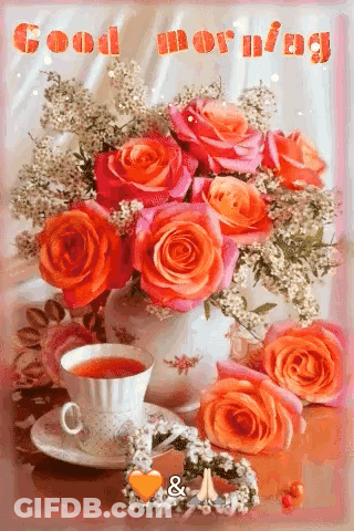 A Vase Of Roses And A Cup Of Tea On A Saucer On A Table . GIF